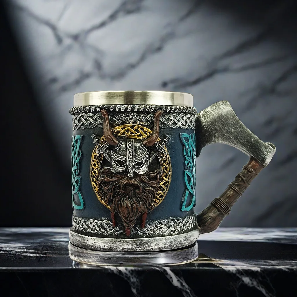 

Viking Battle-axe Beer Mug Stainless Steel Single Handle Horn Skull Beer Cup Nordic Pirates Coffee Mug Water Drink Cup 450ml