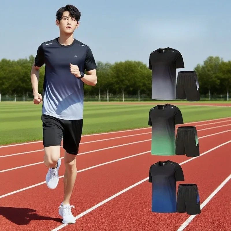 

2-Piece Teenagers To Adults Parent-child Quick-drying Short-sleeved Sports Suit Men's Casual Round Neck Shirt Elastic Waist Pant