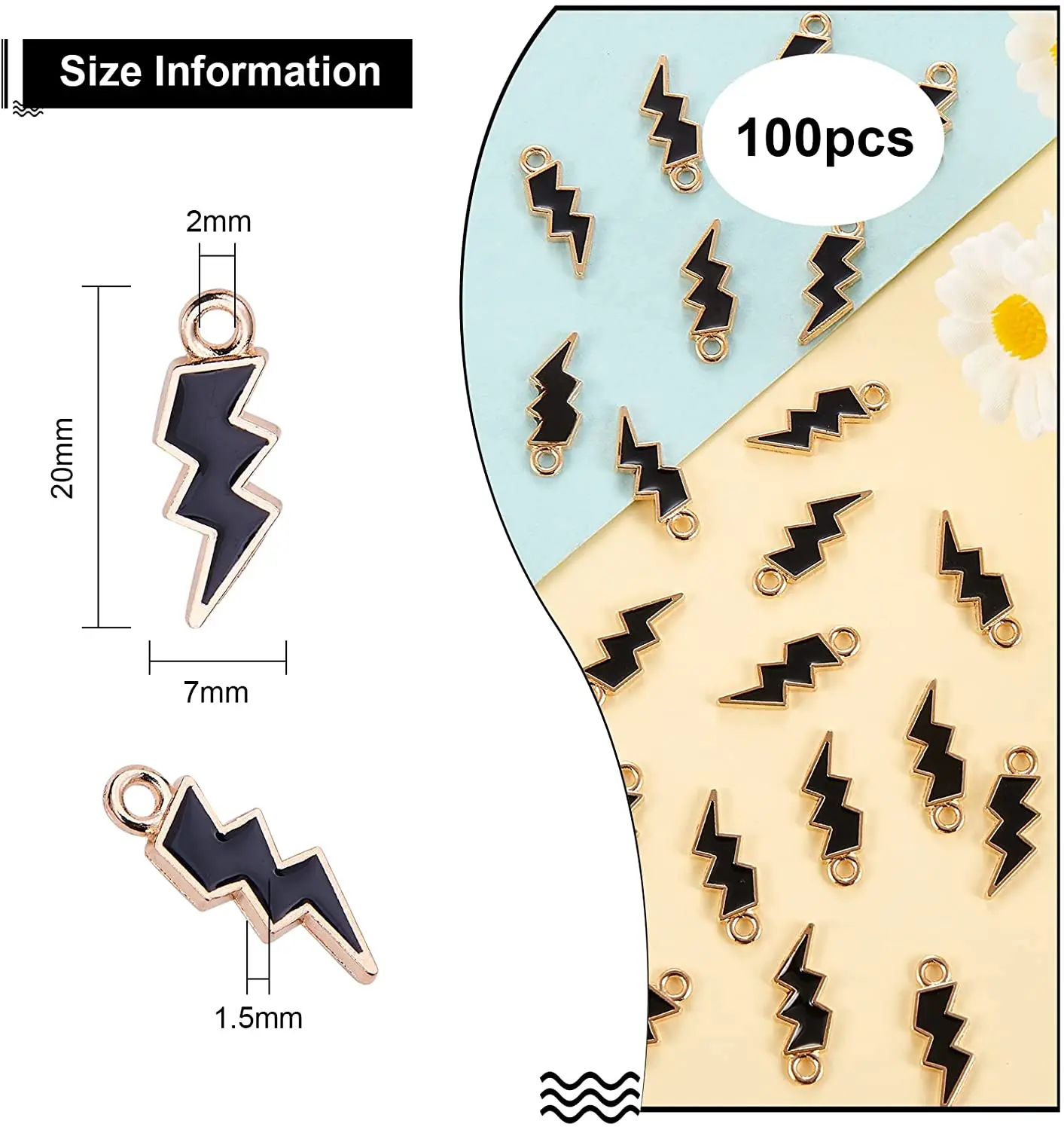 PandaHall 100pcs Enamel Black Flash Shape Charms Lightning Bolt Charms Flash Thunder Pendants for DIY Jewelry Making Accessories