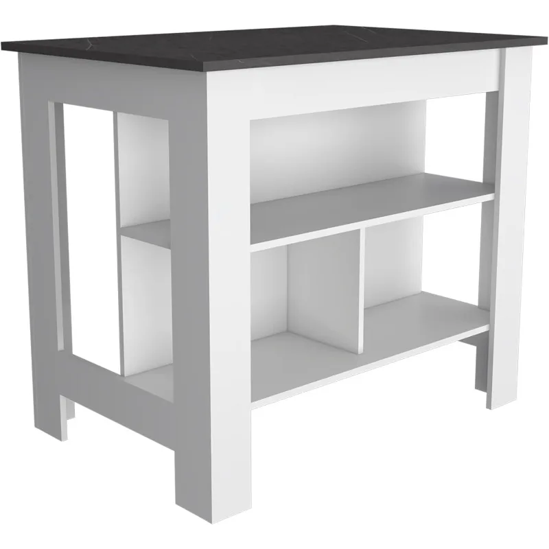 home.Cala Kitchen Island, Four Legs, Three Shelves -White/Onyx