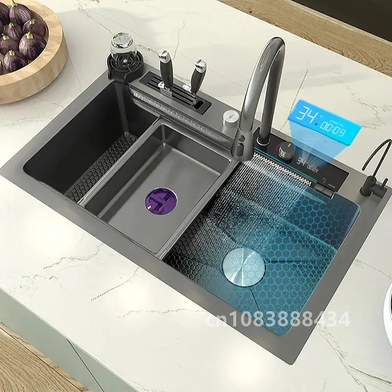 Fregadero de cocina de cascada con pantalla Digital, fregadero grande de acero inoxidable Nano con ranura única, lavabo bajo encimera en relieve de panal