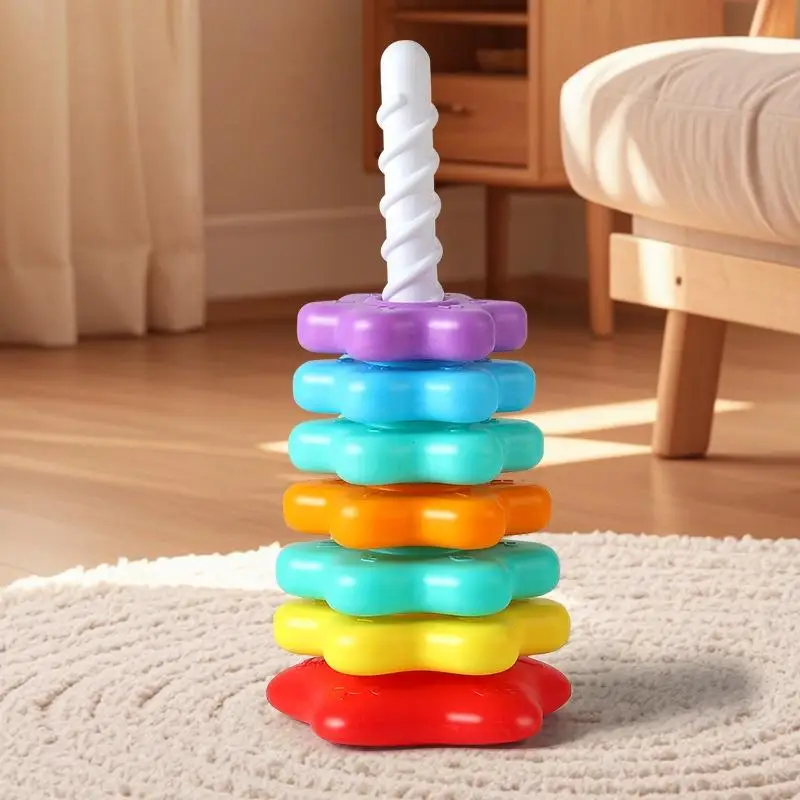 1 Set Baby Stacking Puzzle Toys Montessori Rotating Rainbow Tower Safety And Environmental Protection Colored Children's Toy