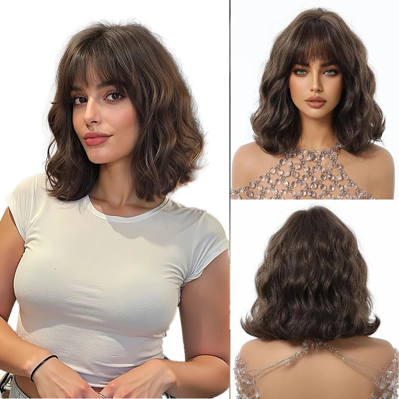 

A 10-Inch Wavy Synthetic Wig With Bangs And Natural Bob Is Suitable For Women'S Daily Parties, Halloween And Carnival