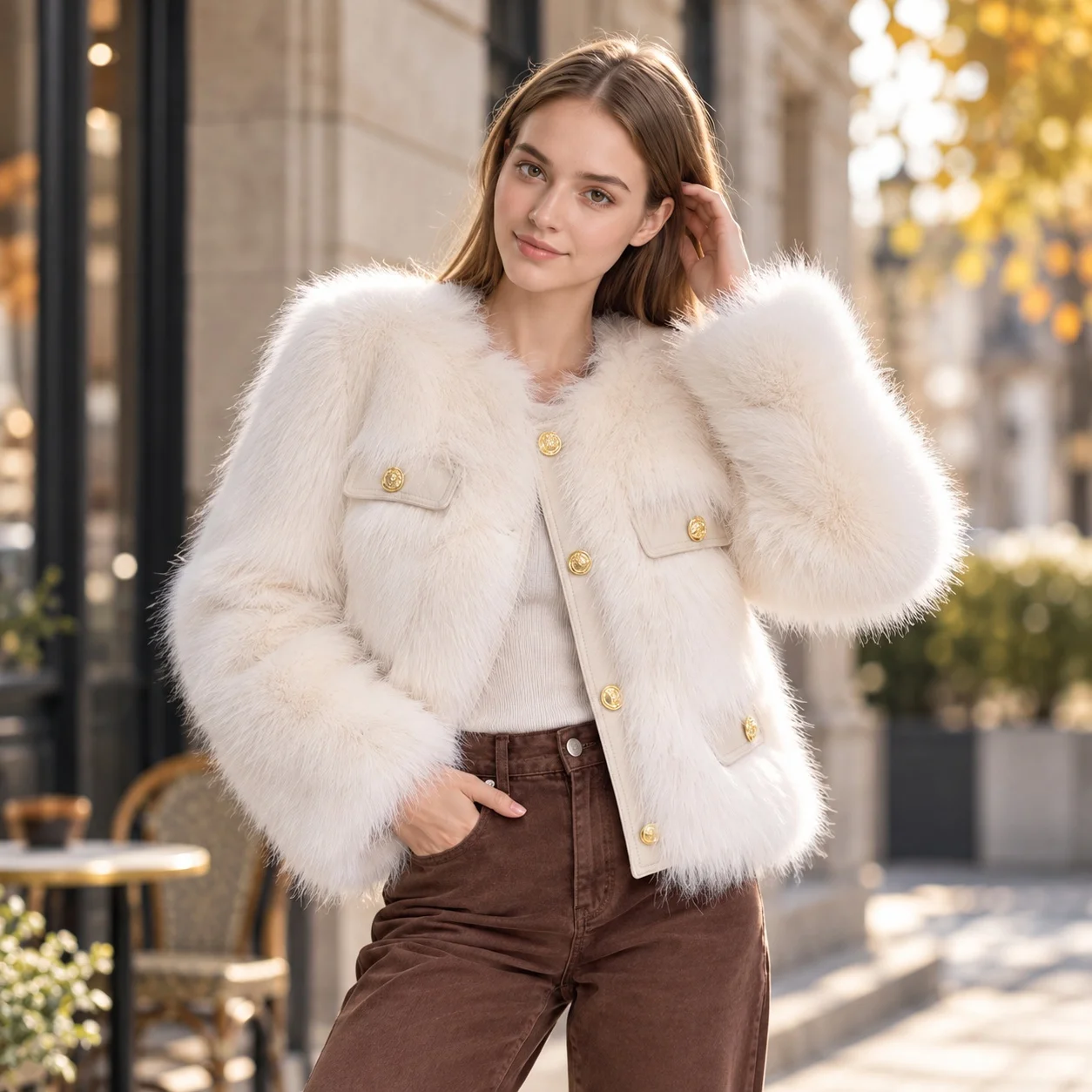 No Hood Patchwork Coat Short Length Sweet and Fresh with Regular Sleeve British Style Winter Round Neck Long Sleeve Women Coat