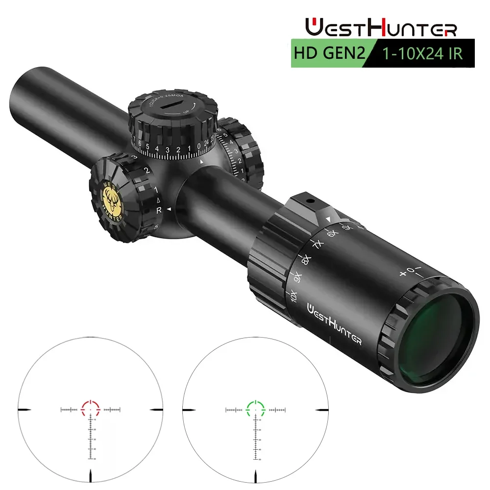 WestHunter HD GEN2 1-10X24 IR Cannocchiale compatto per fucile, secondo piano focale, tubo da 30 mm, illuminazione rossa e verde, reticolo inciso in vetro a forma di ferro di cavallo, precisione 1/4