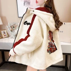 Women 2024 New Autumn Winter Fashion Embroidery Hooded Jacket Lamb Plush Coat Outerwear Ladies Plus Velvet Thick Warm Overcoat