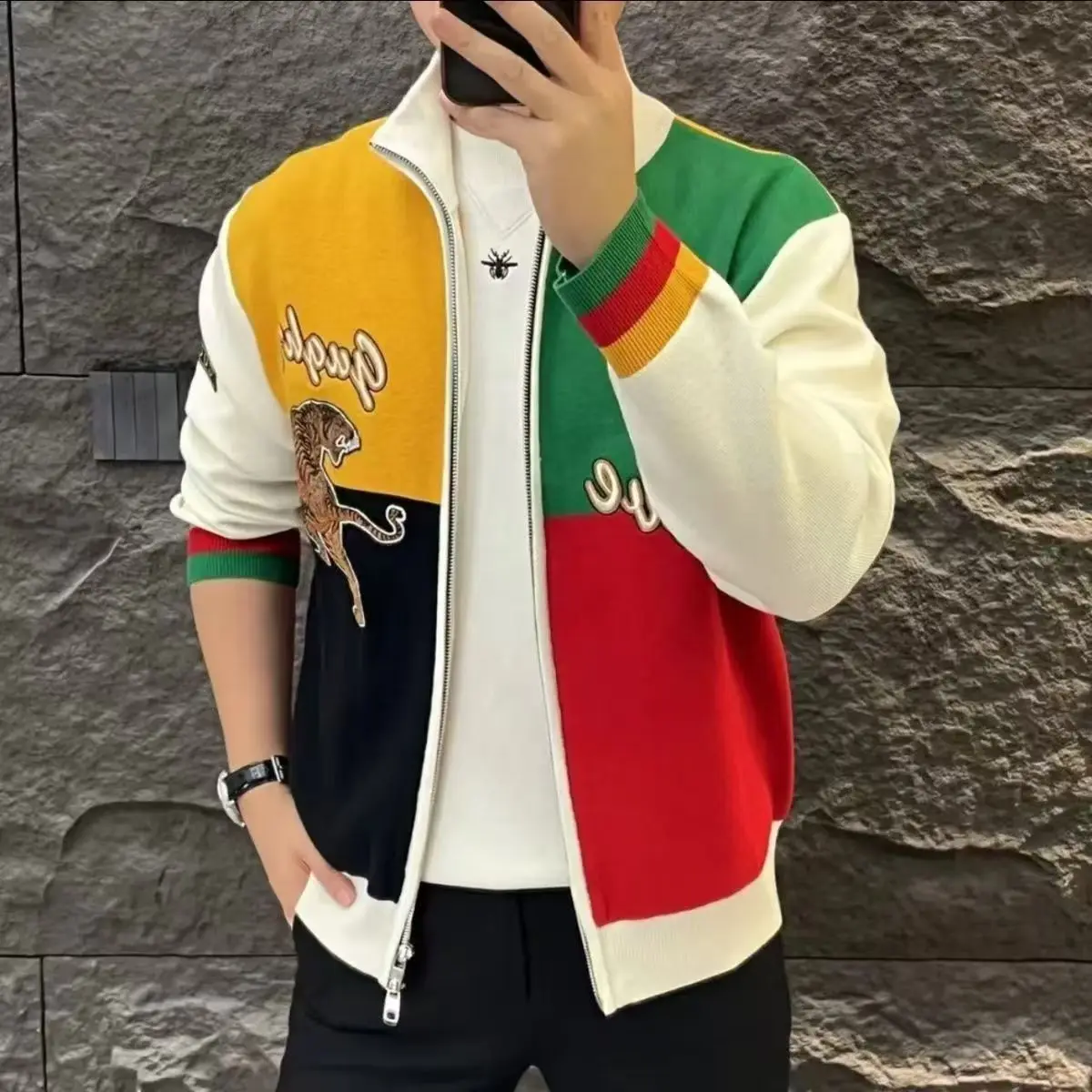 

Осень-зима, новинка, мужская повседневная куртка с двойной молнией, цвет Blo, тигровый узор, элитная модная верхняя одежда, пальто