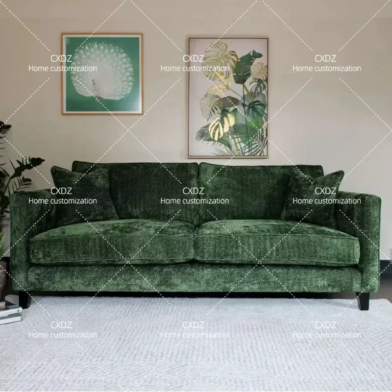 Retro Green Fabric Sofa 3 Seater Straight Couch for Country Living Room Vintage Style Comfortable Upholstered Furniture