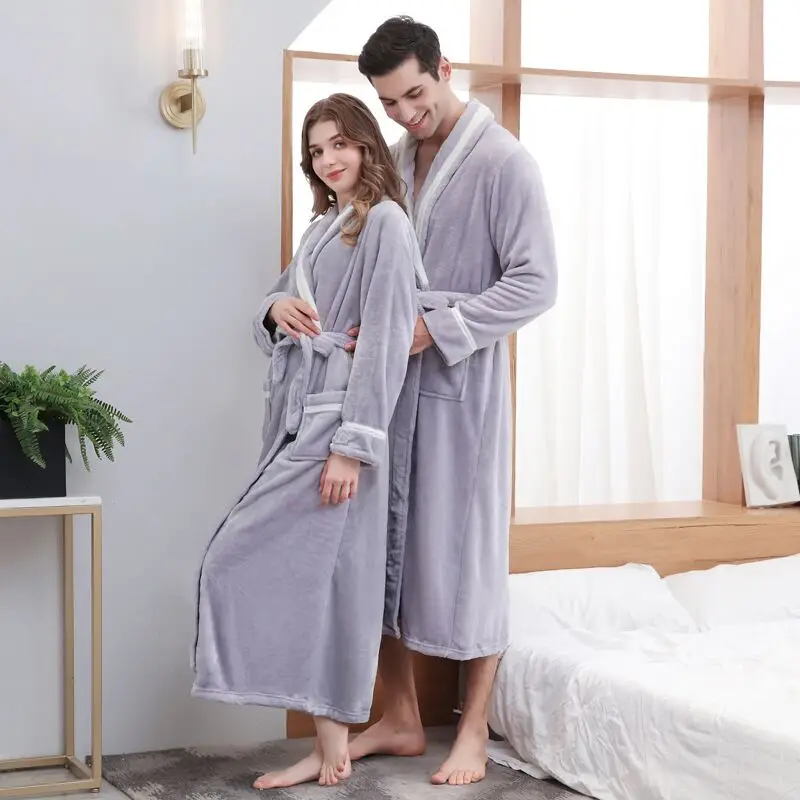 Gentlemen Flannel Winter Thick Long Nightgown Unisex Lovers Wedding Morning Robe Sleepwear Male Men Elegant Date Shower Homewear