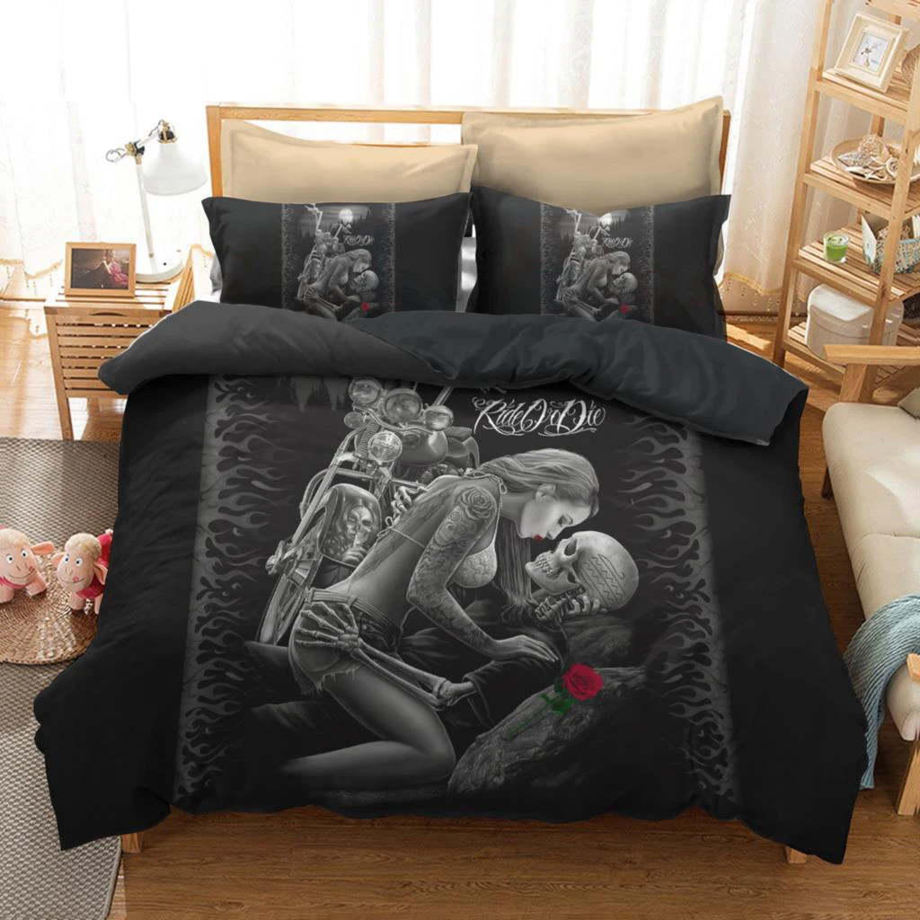 Black Duvet Cover Human Skeleton Bedding Set Horror Skull Motorcycle and Beauty Duvet Cover Single Double Queen King Size Decor