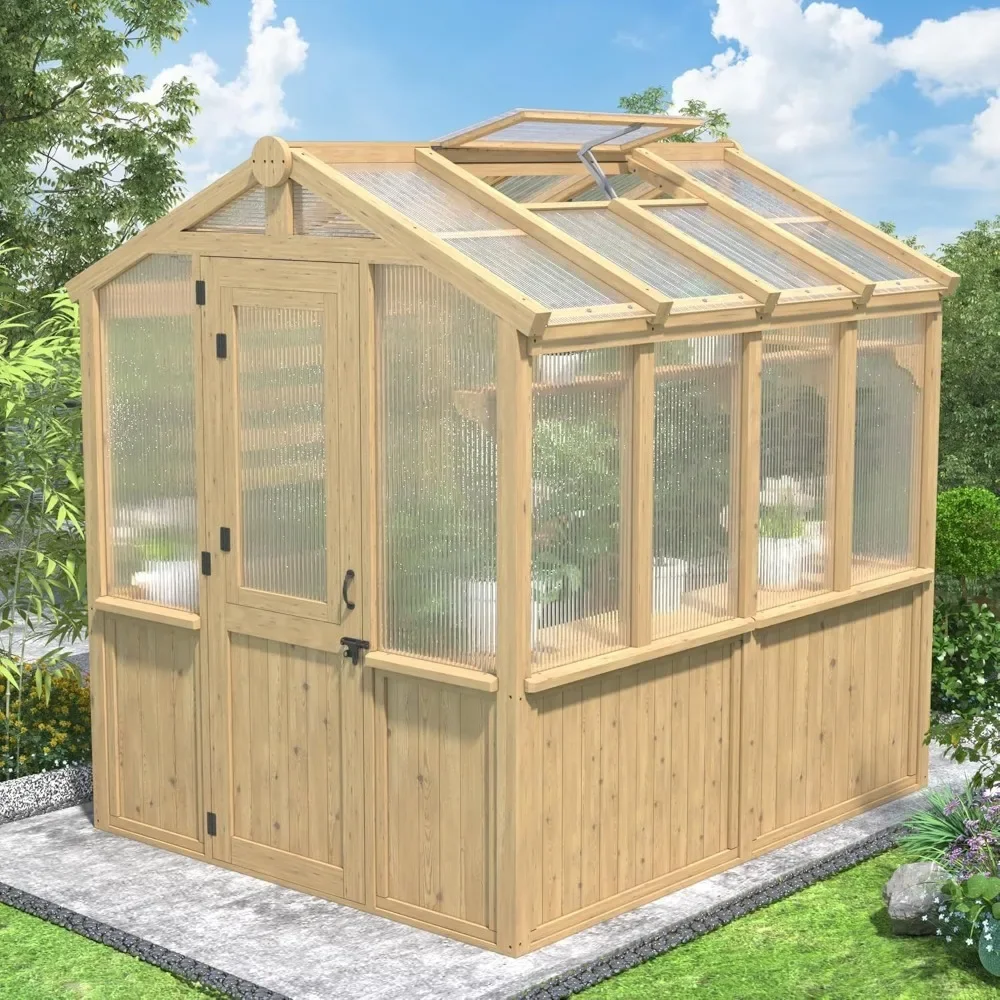 

6.8x7.8 FT Greenhouse with Multi Vent Windows, Lockable Door, Foldable Shelves, Outdoor Upgraded Wood Polycarbonate Greenhouse