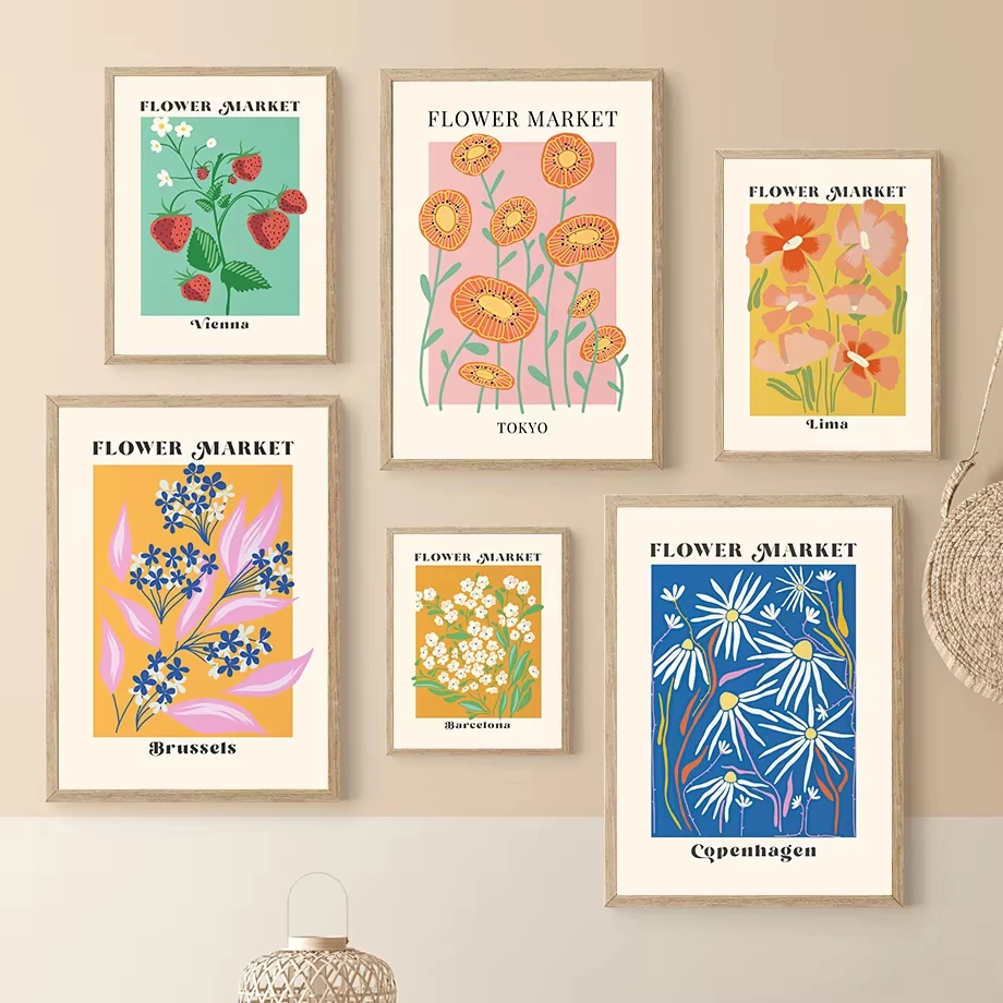 Arte de pared del mercado de flores, pintura al óleo de París, Tokio, Barcelona, plantas de Bruselas, póster nórdico, imágenes impresas, decoración del hogar