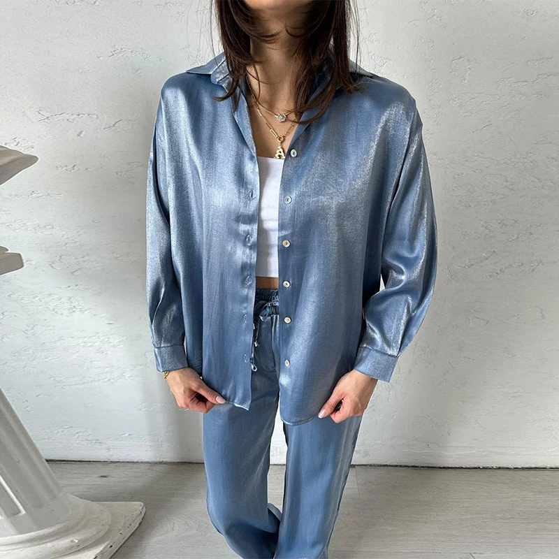 

Ladies Lapel Button Shirt and Pants Suits Spring Autumn Long Sleeved Shiny Silk 2pc Sets Fashion High Waisted Commuting Outfits