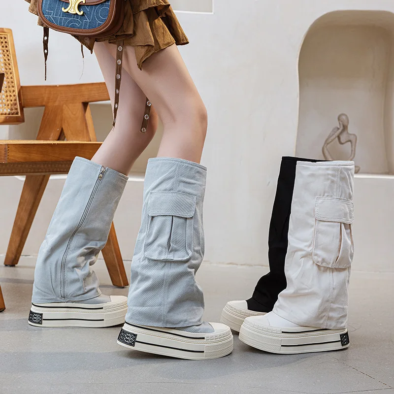 

2026 Women Fashion Canvas High Boots Height Increasing Sole 12CM Trendy Street Boots Zipper Open Pocket Platform Summer High