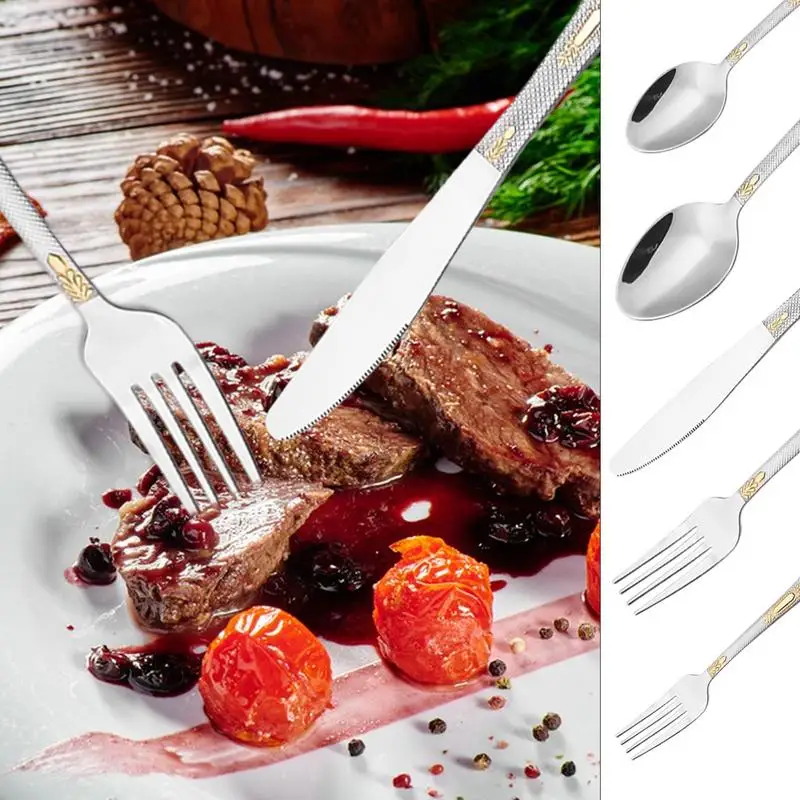 Fork Sets For Kitchen 20pcs Stainless Dishwasher Safe Cutlery Set Gold-plated Camping Steak Food Cutleries Decorative Pattern