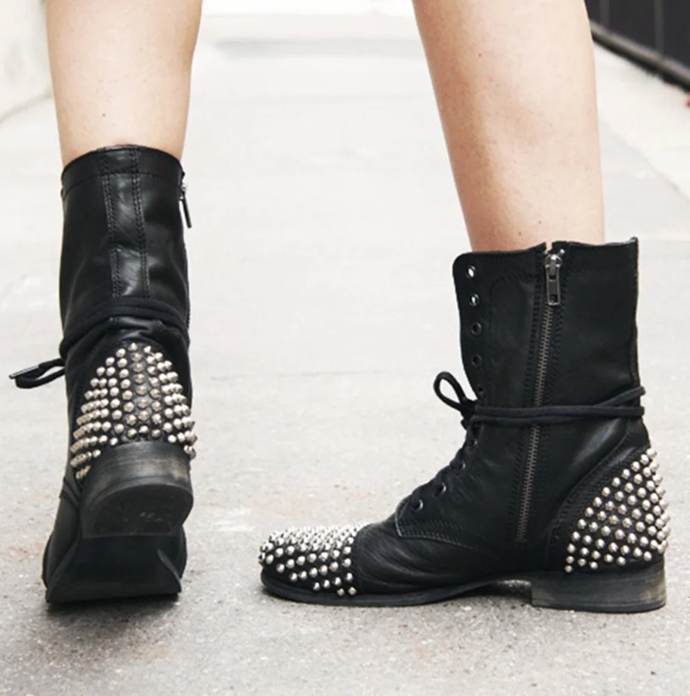 Rivet Lace Up Ankle Boots Flat Heel Side Zipper Black PU Low Boots Women Motorcycle Boots Rome Street Style Shoes