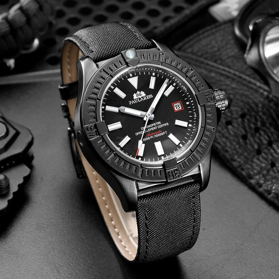 Automatic Mechanical Self Wind Black Bird Canvas Style Genuine Leather Date Luminous Fashion Men Watch