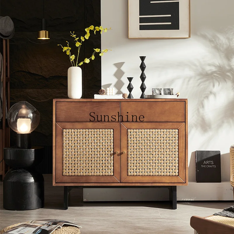 

Nordic solid wood dining side simple modern living room tea storage rattan TV cabinet
