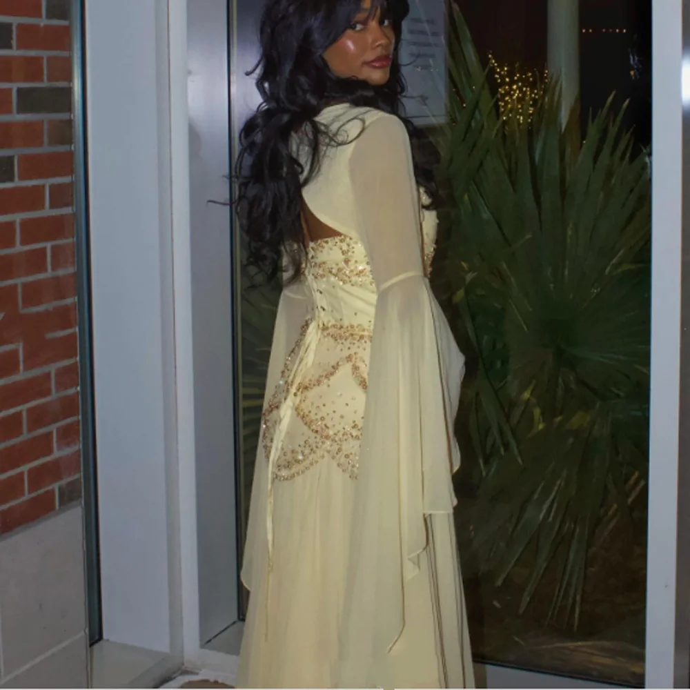 Customized Chiffon Sheath Gorgeous Evening Dress Beaded Sequins Layered Pleated and Floor Fairy Sleeve Formal Occasion Dress image 3