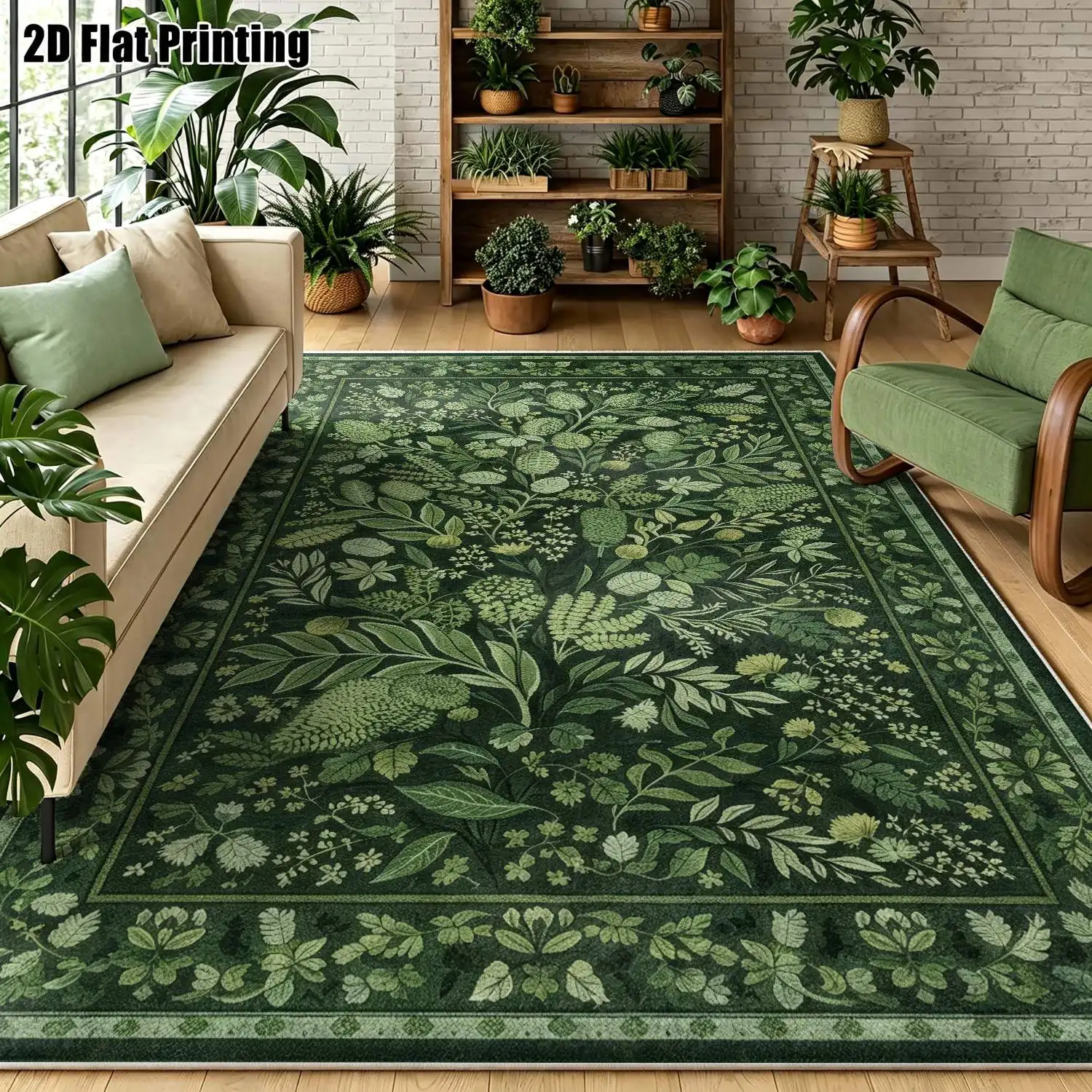 1Pc 2D Printed Velvet Carpet, Deep Green Plant Vine Patterns, European Vintage Bohemian Floral Geometric Styles, Home Decor, Multiple Sizes, Machine Washable, for Entrance, Dining, Foyer, Bedroom, Living Room