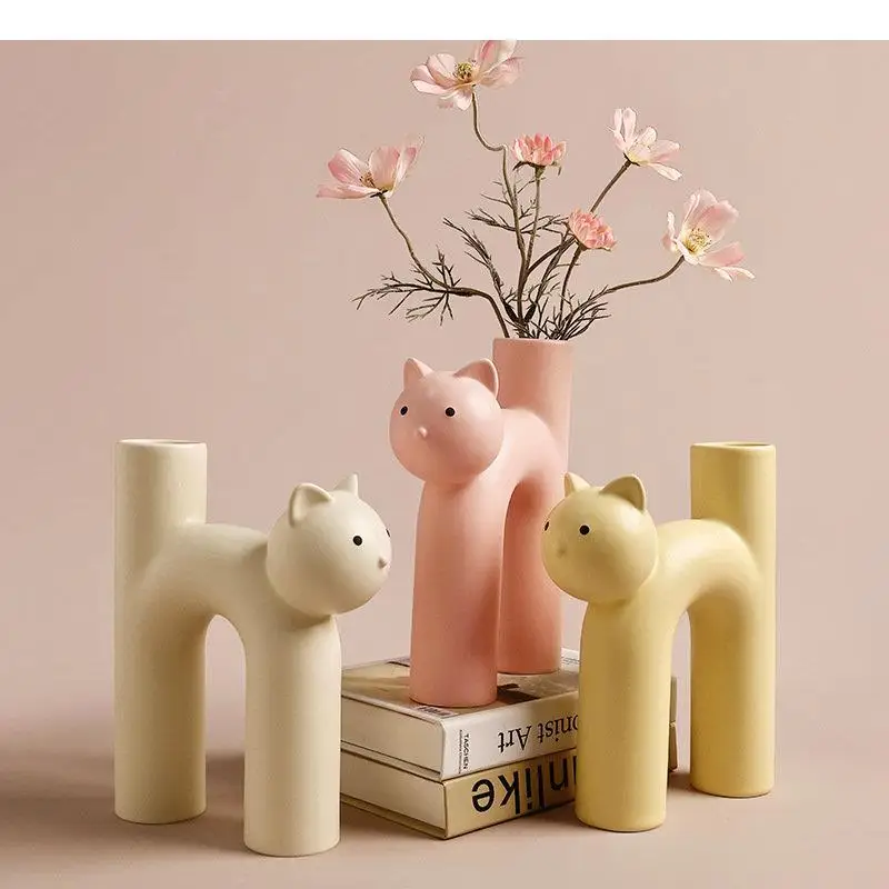 Lovely Kitten Ceramic Vase Cartoon N-shaped Vases Desk Decoration Crafts Flower Arrangement Flowers Pots Modern Home Decor