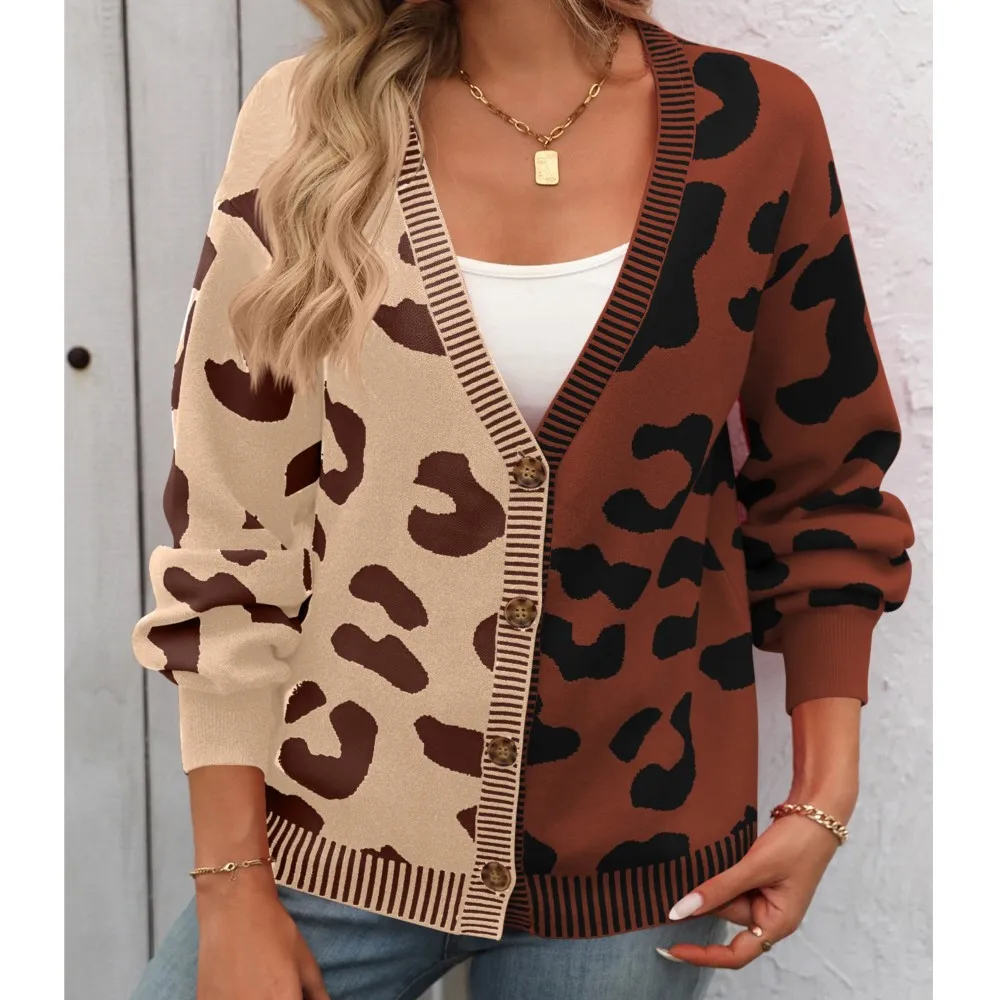 Loose Single Breasted Sweater For Women\'s Autumn And Winter New Contrasting Leopard Print V-neck Cardigan Sweater Casacas Femme