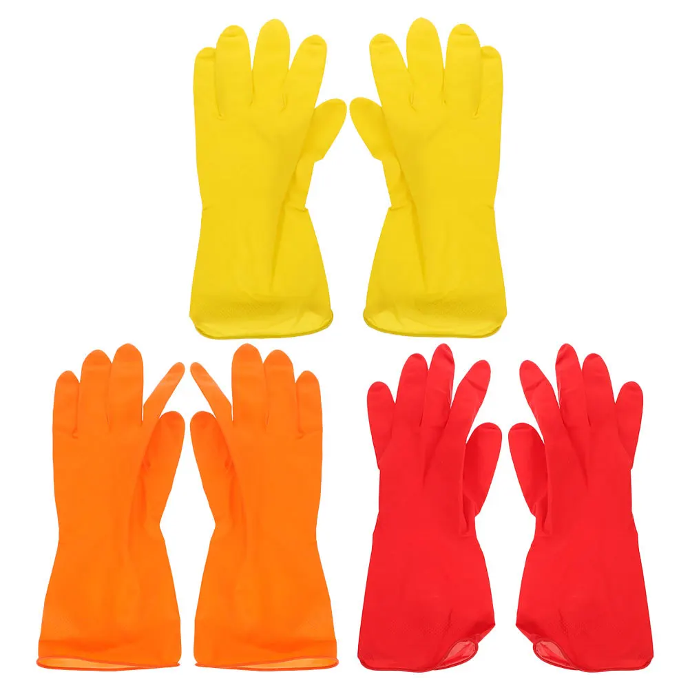 

3Pairs Latex Kitchen Cleaning Gloves Textured Waterproof Dishwashing Non Slip Comfortable Medium Size Household Gloves