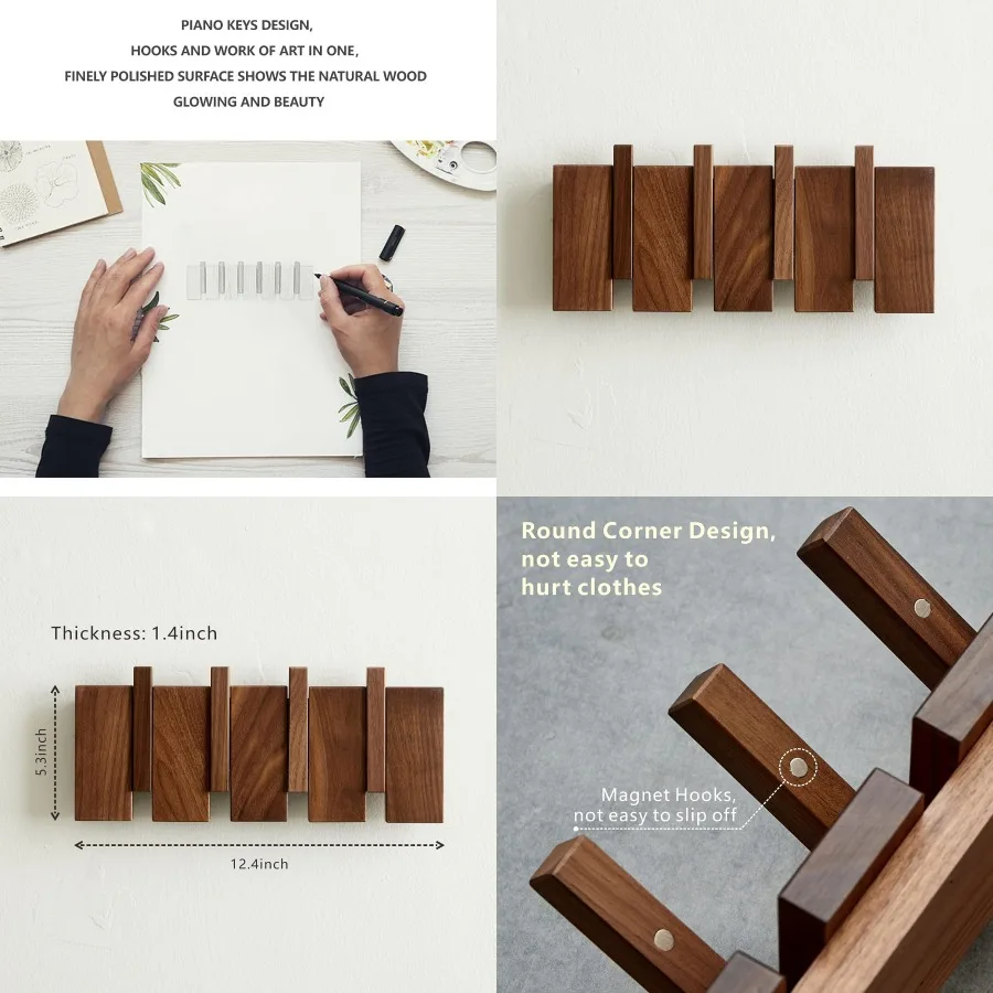 

Heavy duty wall mounted wooden coat hooks with 4 hooks for hanging coats keys hats robes towels plants bags ideal for entryway