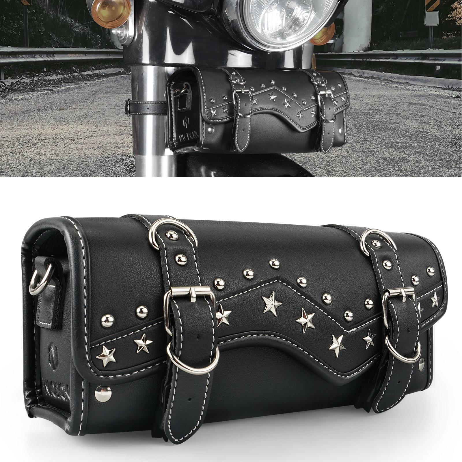 

NICECNC Front Fork Motorcycle Saddlebag Vintage Leather Tool Storage Motorbike Bag for Harley Davidson Dyna Softail Waterproof