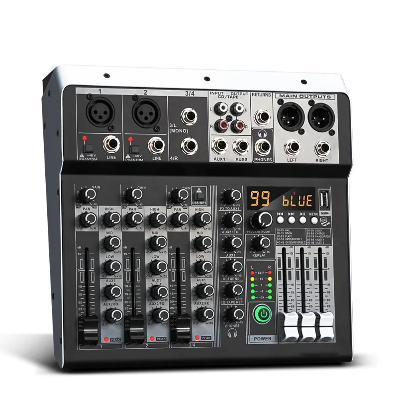 Mini 4 Channel Bluetooth Audio Mixer, Professional USB Digital Sound Mixing Console for Live Streaming & Stage Performance