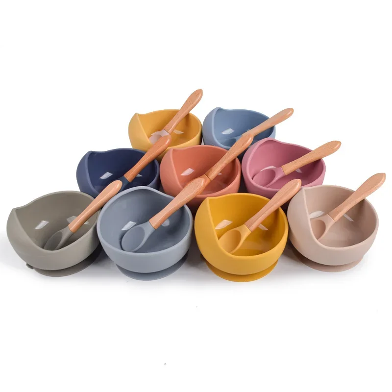 

Baby Silicone Bowl Set BPA Free Safety Non-slip Cute Children's Suction Bowl Wooden Handle Spoon Food Grade Waterproof Tableware