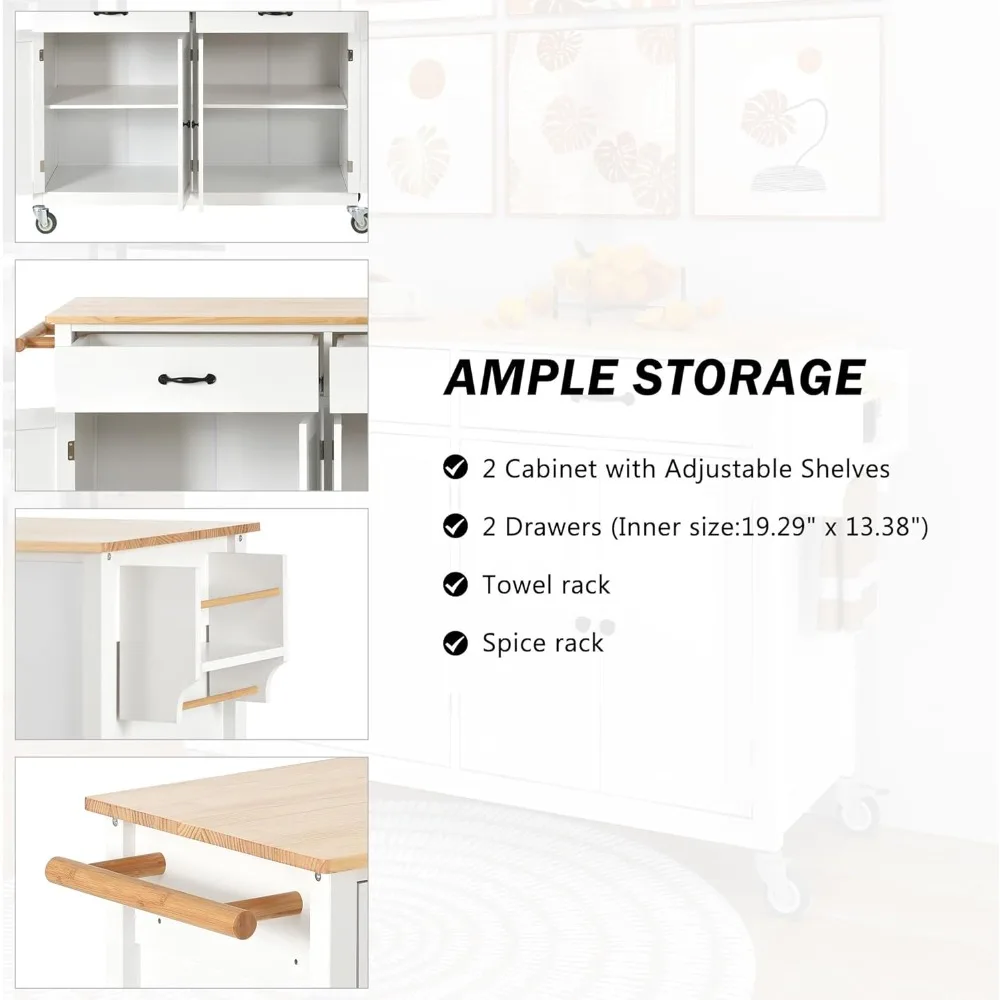 Kitchen Island on Wheels with Solid Wood Top, Large Rolling Kitchen Island Cart with 2 Drawers and 2 Cabinets, Portable Trolley