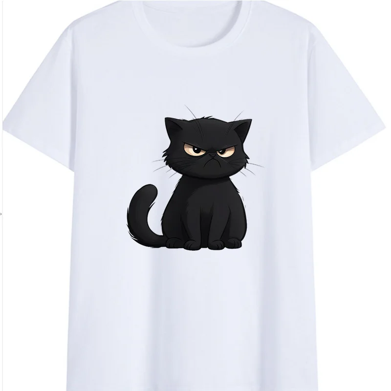 Cotton  100% Men's Angry Grumpy Black Cat Cartoon Print T‑Shirt Crew Neck Short Sleeve Casual Tees Fashion Comfortable Daily