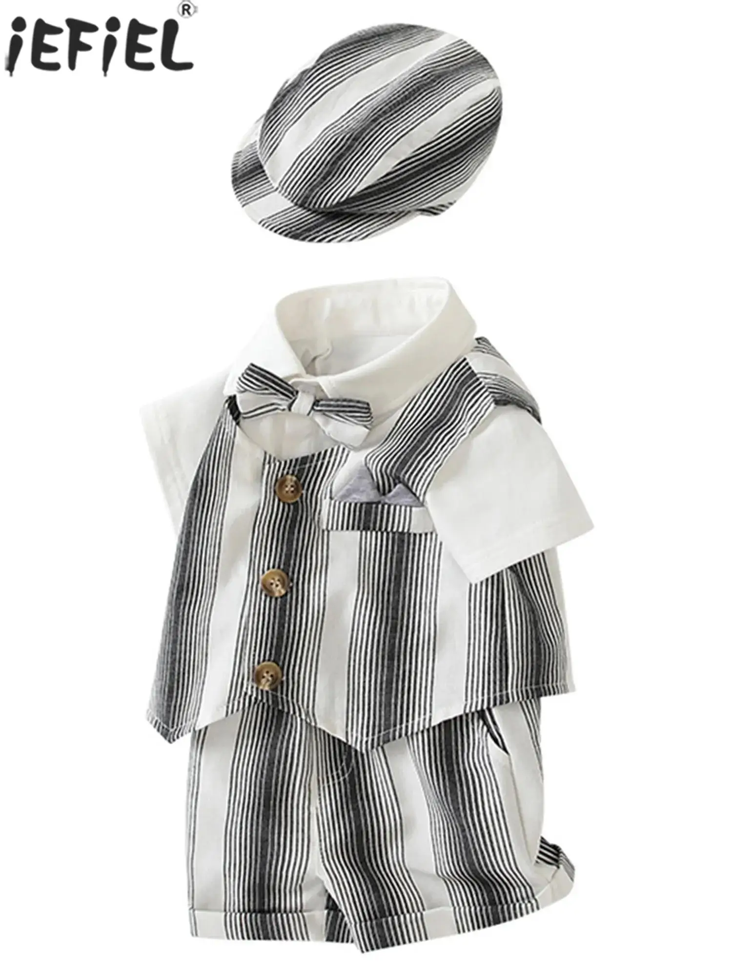 

Kids Boys Gentleman Suit Short Sleeve Bowtie Romper with Vest Shorts Hat Christening Birthday Wedding Photography Costume Set