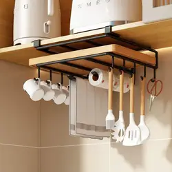 Multifunction Kitchen Cabinet Under Shelf Metal Cupboard Hanging Hooks Mug Cup Hanger Cutting Board Towel Tissue Storage Rack