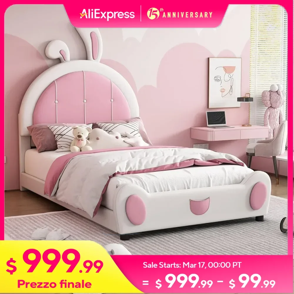 Twin Size Bed Frame with Rabbit Shaped Headboard, Cute Kids Upholstered Platform Bed Frame