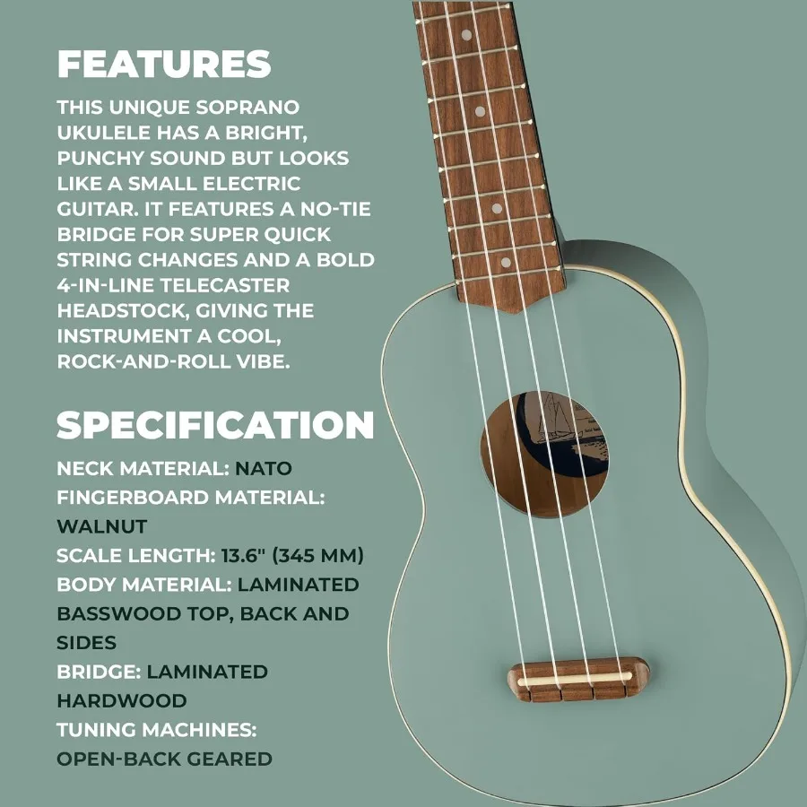 Ukelele soprano veneciano en gris sónico para entusiastas de la música y principiantes Diseño compacto con tono rico y jugabilidad suave I