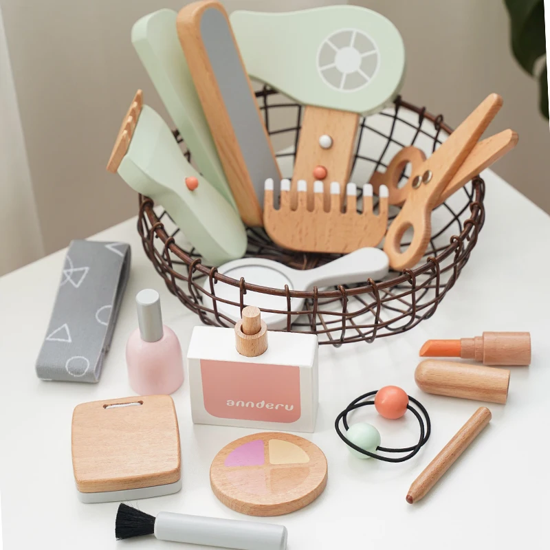 

Kids Makeup Set Hairdressing Simulation Wooden Beauty Fashion Combs Hair Dryer Pretend Play Barber Makeup Kit Girl Toy
