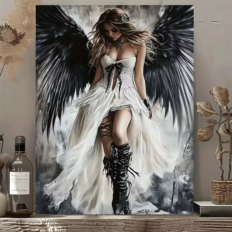 Diamantmalerei Dunkler Engel Fantasy-Wandbild - Gotische Schwarze Flügel-Frau im Weißen Kleid für Heim- und Bürodekoration