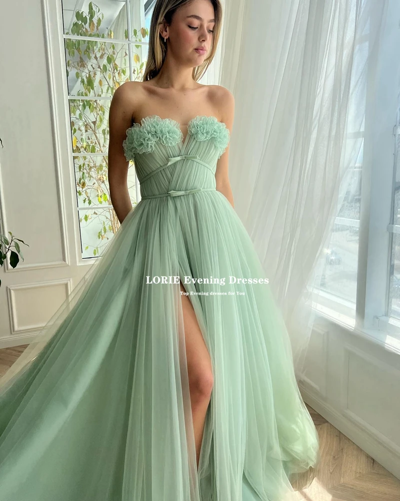 LORIE Mint Green Tulle A-line Prom Dresses Sexy Leg Slit Long Evening Gowns With Belt Sashes Pleat Formal Party Occasion Dresses