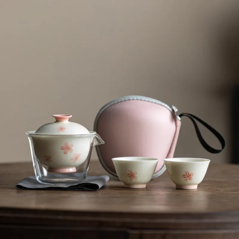 Pink Sakura Travel Tea Set Single Outdoor Portable Quick Cup Kungfu Handmade Designer Teapots One Pot Two Cups Gift for Girls