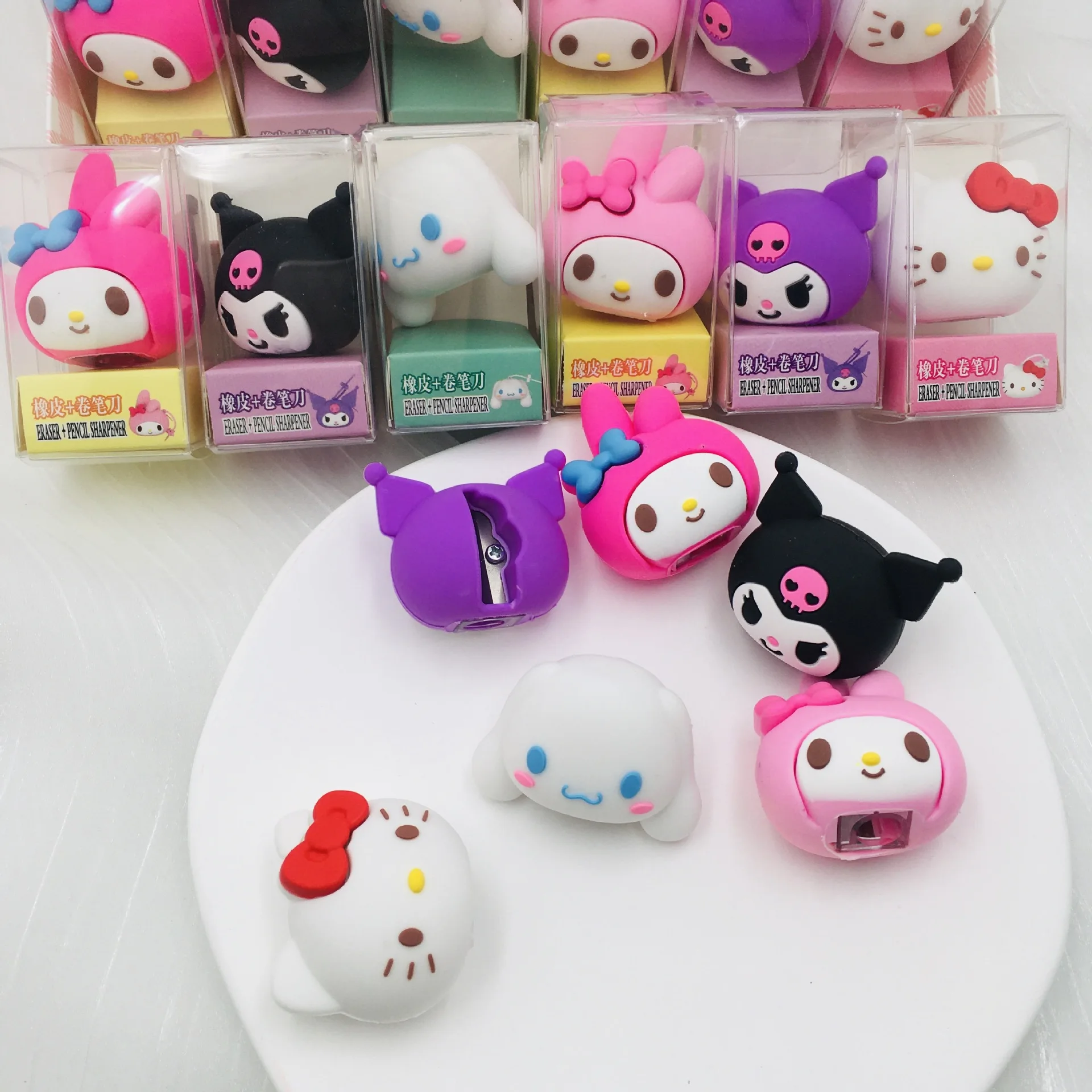 24pcs Sanrio Eraser Pencil Sharpener Hello Kitty Kuromi Cinnamoroll My Melody Student Stationery Kids School Supplies Wholesale