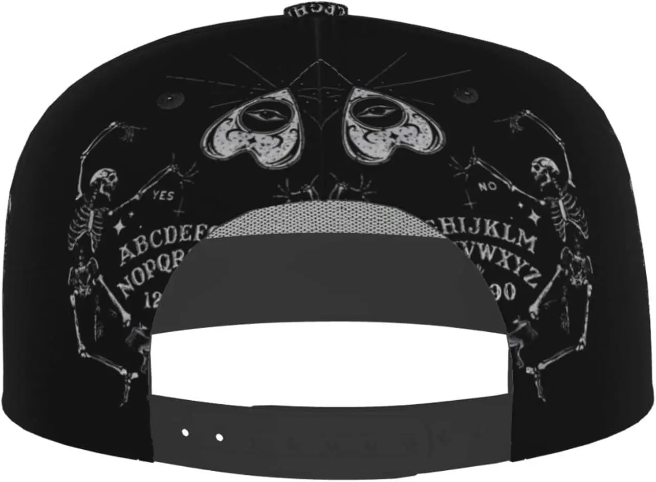 Vintage Skeleton Magic Ouija Pattern Flat Bill Hat, Unisex Snapback Baseball Cap Hip Hop Style Flat Visor Blank Adjustabl