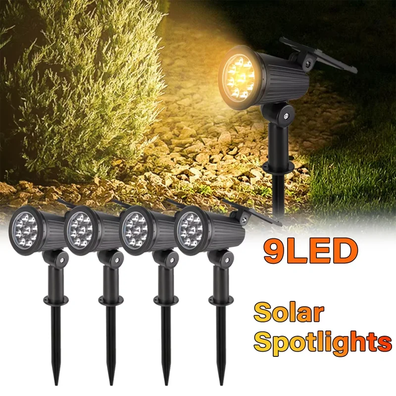 Outdoor Solar Spotlight 9LEDs Brightness Adjustable Spot Lights IP65 Waterproof Solar Spotlight for Garden Patios Porches