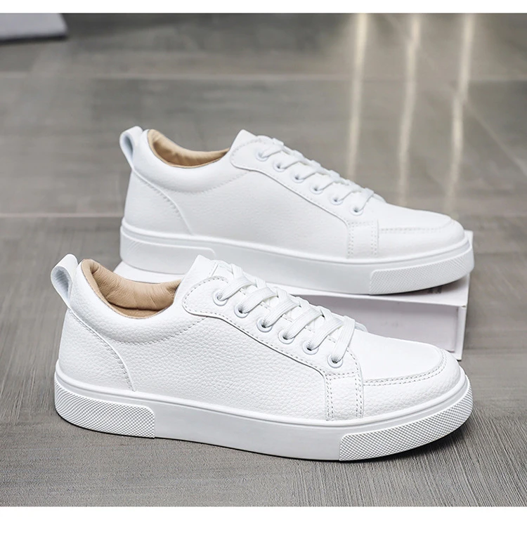 Schlichte weiße Low-Top-Sneaker aus Kunstleder für Herren, Schnürschuhe, minimalistische Skate-Schuhe, Herren-Sneaker aus Kunstleder, rutschfeste Schuhe – Detail 15