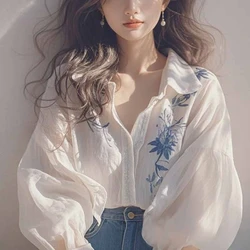 Vintage Women's Blouses Spring/Summer New Korean Shirts Loose Long Sleeves Printed Top Fashion Clothing Sales