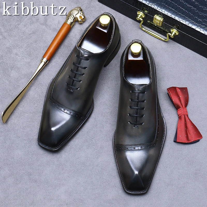 Men Business Formal Leather Shoes Luxury Design Square Toe Carved Cowhide Leather Lace Up Oxfords Handmade Bullock Shoes