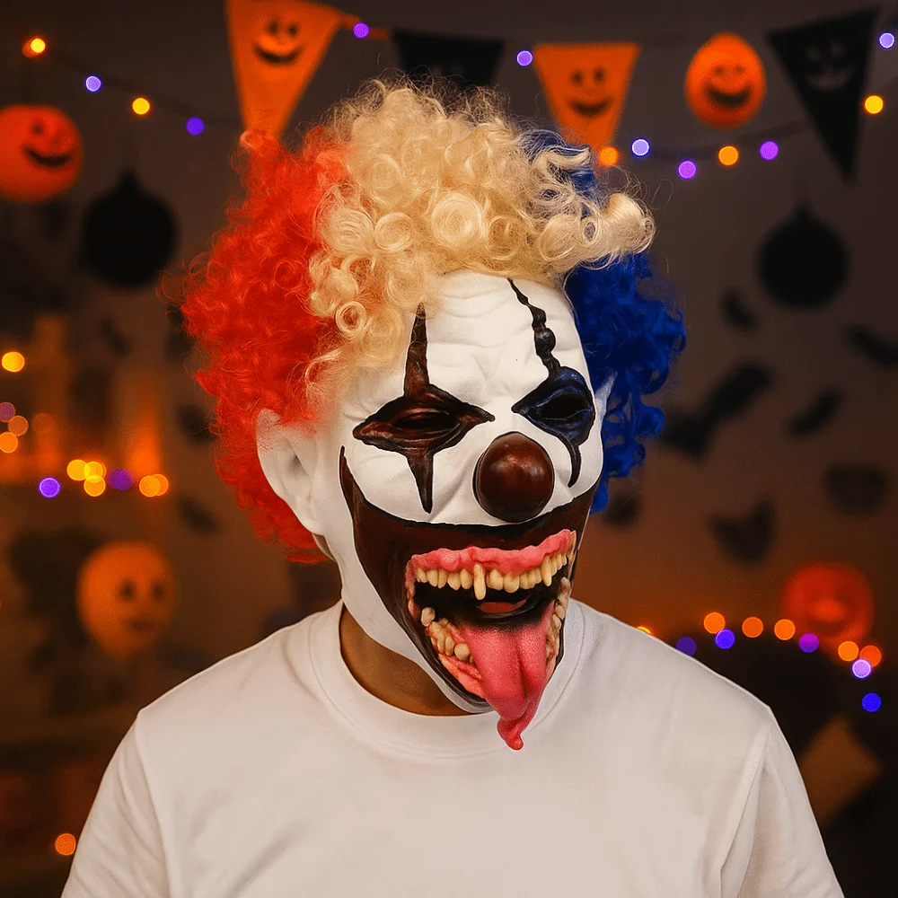 Terrifying Clown Costume Mask Colorful Hair Toothy Tongue Out Ghost Festive Mask JingleJangle Style Scary Design