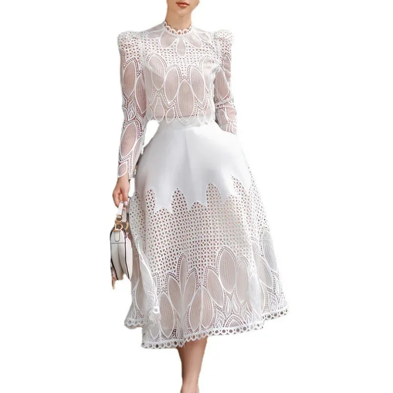 Designer Spring/Summer 2024 Lace Embroidery Hollow Dress Two-piece Set Palace Style 2 Piece Sets Women Outfit Pieces New Women\'s