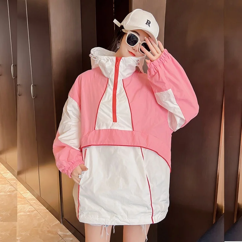 

2023 Summer Women Contrast Color Splicing Hooded Sun Protection Clothing Loose Casual Long Sleeve Female Sunscreen Pullover Tops